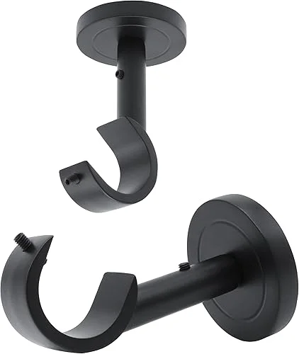 Ceiling Curtain Rod Brackets, 2 pcs brackets for curtain rods, rod holders for 1 inch rods, with ceiling mount and wall installation accessories included, Set of 2, Black