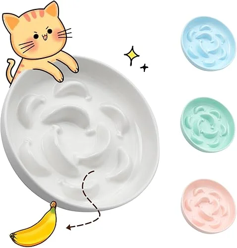Ceramic Cat Slow Feeder Bowl – Pastel Series Slow Feeding Cat Bowl – Cute Maze Cat Food Plate for Healthy Eating – Fun Cat Puzzle Feeder Dish – Dishwasher Safe – 6.3''W x 1.2''H – 7 OZ – Ivory White