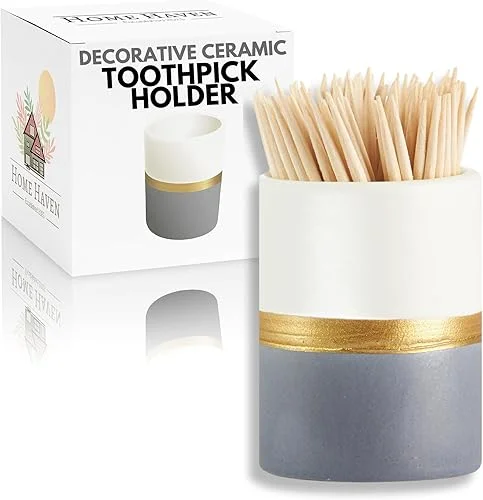 Ceramic Toothpick Holder – White, Navy, and Gold Stripe Design – Toothpicks Holder Dispenser and Cocktail Pick Holder – Perfect for Parties, Weddings, or any Get-Togethers with Friends