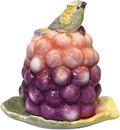 Ceramic Toothpick Holder Dispenser, 3D Hand-painted Grapes and Bird Desktop Decoration