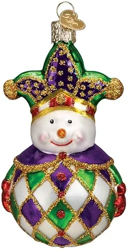 Checkered Green Purple Harlequin Snowman Glass Decorative Hanging Holiday Tree Ornament