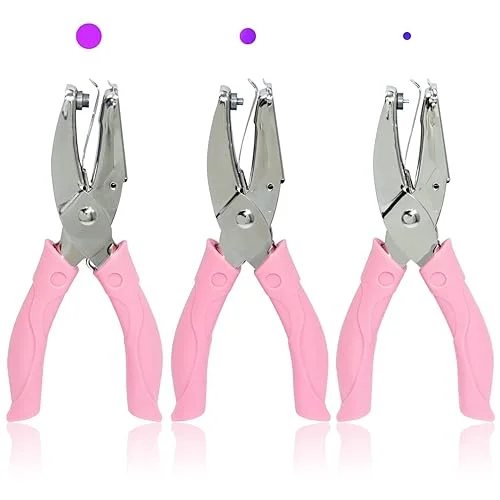CheeMuii 3 Pieces Metal Handheld Paper Punch Single-Hole Tag Punch Set with Plastic Handle for Circle Holes for DIY Craft Tag