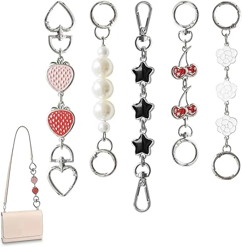 Chewarelly 5Pcs Purse Extender Chain Bag Strap Extension Replacement for Women, Girl Purse Bag Making Supplies(Strawberry Flower Star Cherry Pearl with Silver Buckle)