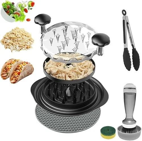 Chicken Shredder, Visible Chicken Shredder Tool Twist, 5 Pcs Meat Shredder Tool, Pulled Pork & Meat Grinder, with Ergonomic Handle, Multi-Purpose Soap Dispenser Brush & 10 in Tong, BPA Free (Black)