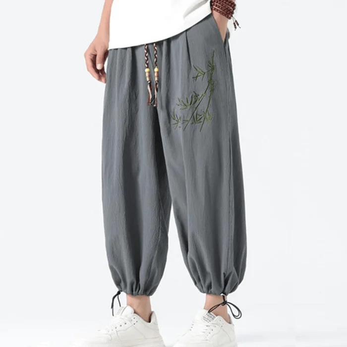Chinese Style Bamboo Embroidered Loose Wide-leg Harem Pants for Men Grey L