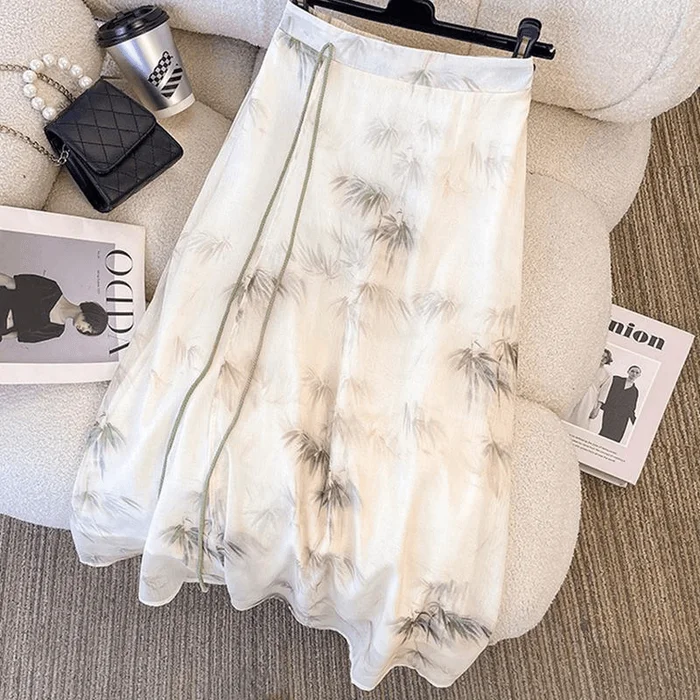 Chinese Style Bamboo Leaf Print Skirts with Ties Onesize