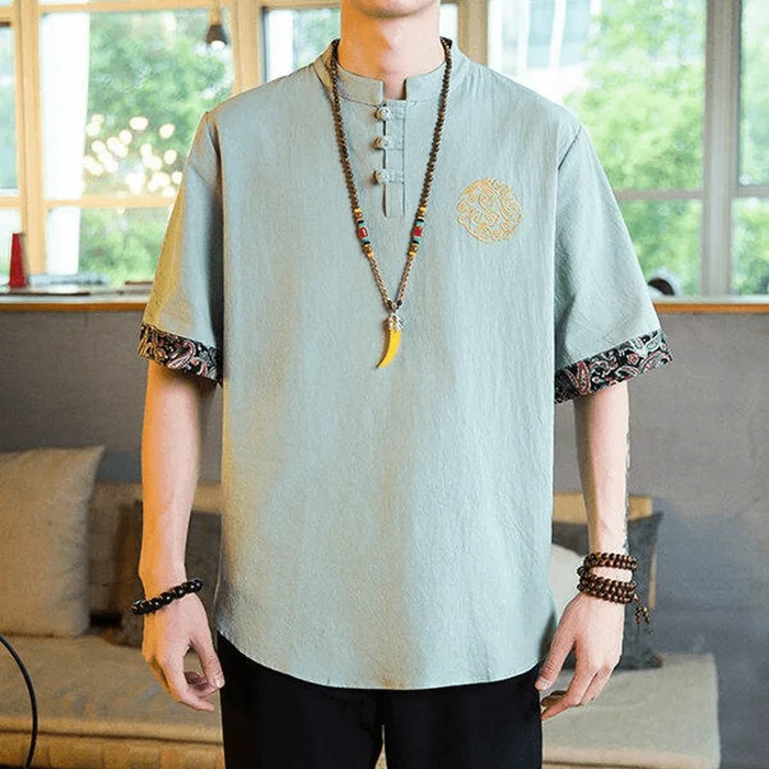 Chinese Style Cotton and Linen Color Block Knot Button Tang Suit T Shirt Green M