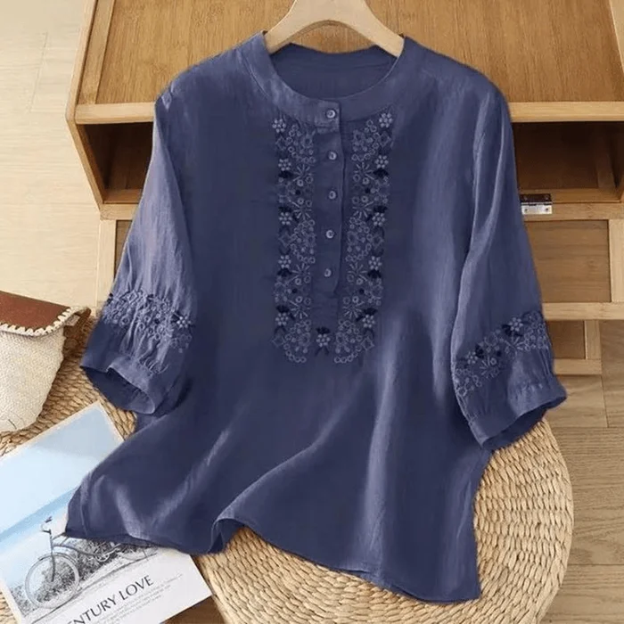 Chinese Style Cotton and Linen Embroidered Half Sleeve Loose T Shirt Tops Navy L