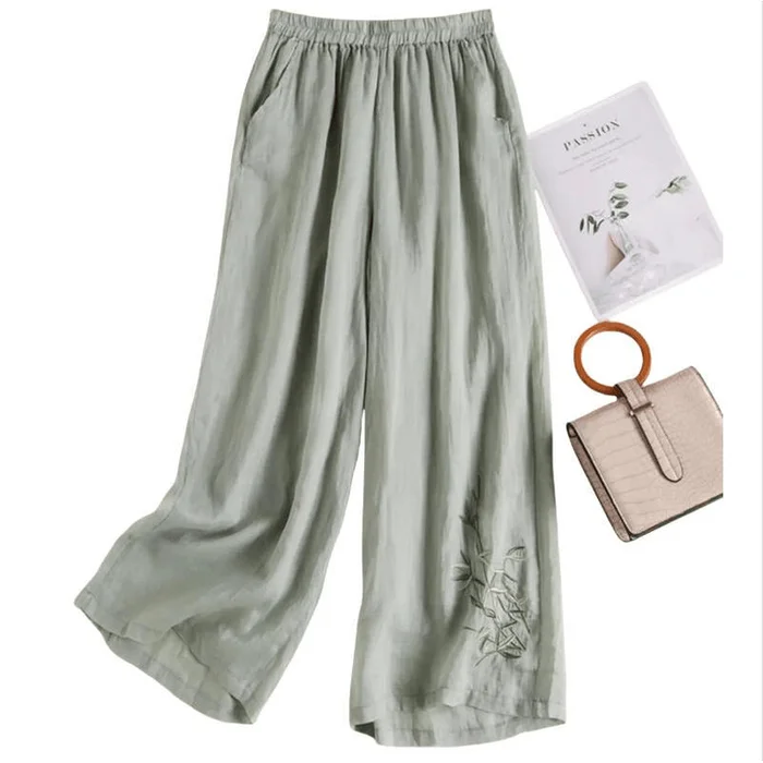 Chinese Style Cotton and Linen Embroidered Loose Wide-leg Pants Casual Pants Green M