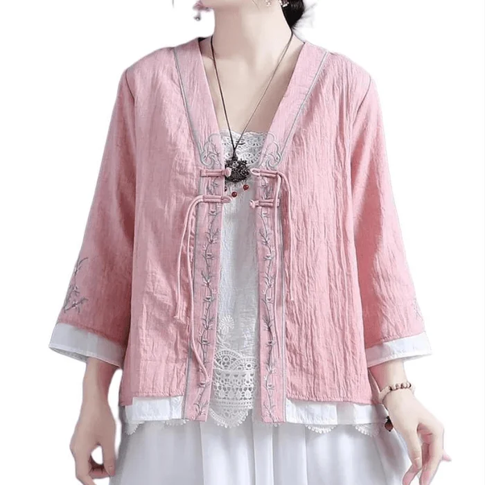 Chinese Style Cotton and Linen Embroidered Retro Button Three-quarter Sleeve Shirt Tops Pink 2XL