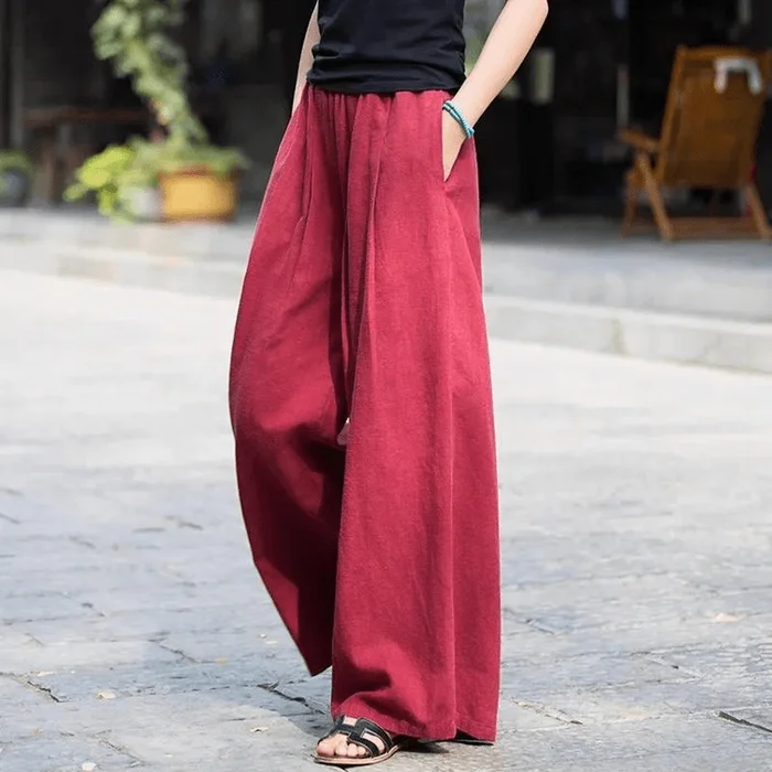 Chinese Style Cotton and Linen High Waist Loose Wide-leg Casual Pants Burgundy XL