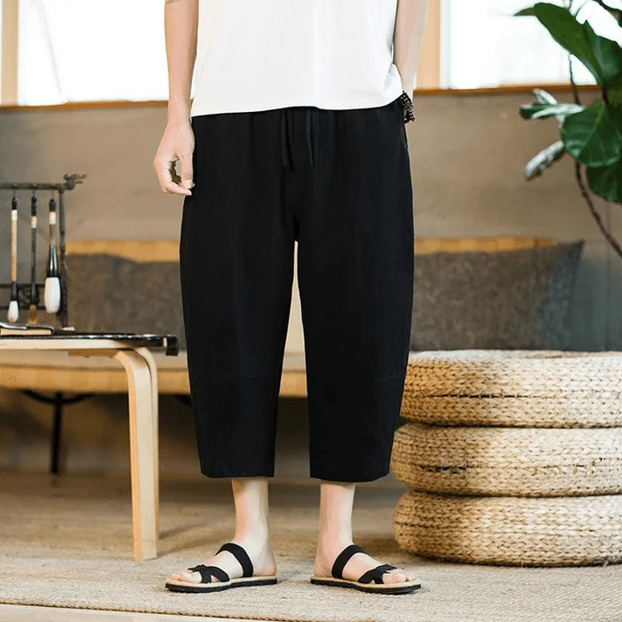 Chinese Style Cotton and Linen Loose Casual Cropped Pants Black L