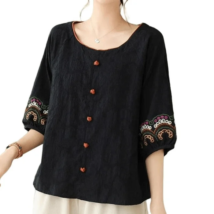 Chinese Style Cotton and Linen Loose Embroidered Half Sleeve T Shirt Black M