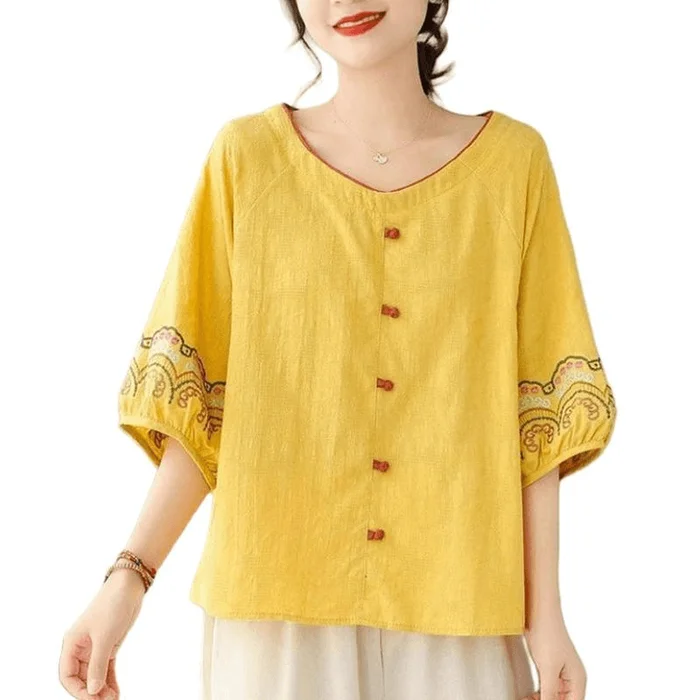 Chinese Style Cotton and Linen Loose Embroidered Half Sleeve T Shirt Yellow M