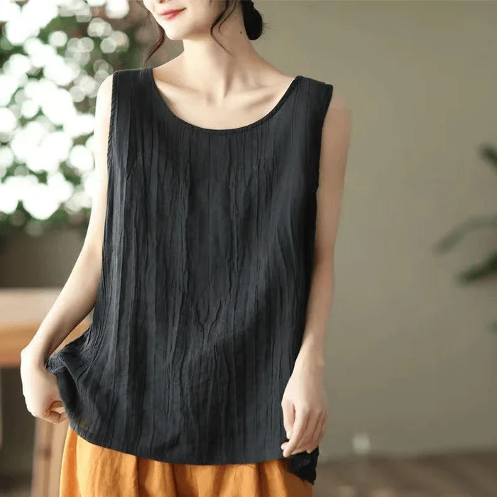 Chinese Style Cotton and Linen Round Neck Loose Tank Tops Black M