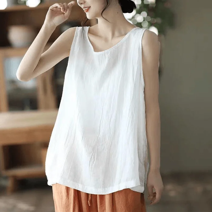 Chinese Style Cotton and Linen Round Neck Loose Tank Tops White M