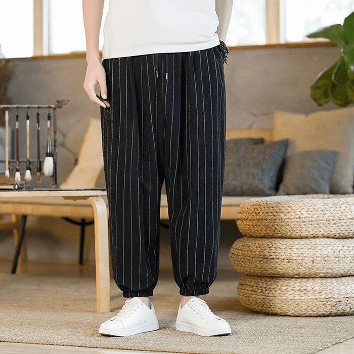 Chinese Style Cotton and Linen Stripe Loose Wide-leg Harme Pants Black M