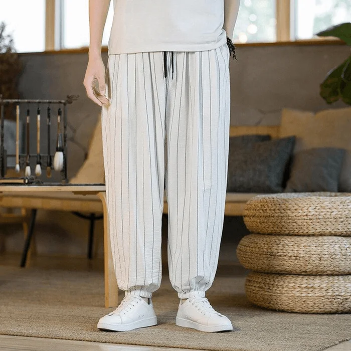 Chinese Style Cotton and Linen Stripe Loose Wide-leg Harme Pants White M