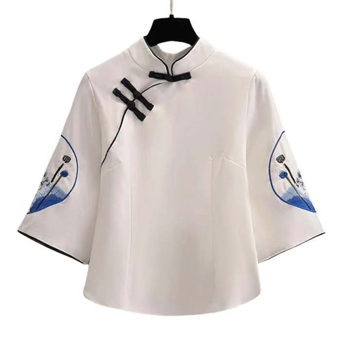 Chinese Style Embroidered Knot Button Cheongsam Hanfu Tops Blue M