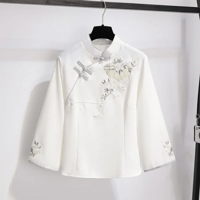 Chinese Style Embroidered Knot Button Cheongsam Tang Suit Hanfu Tops White M