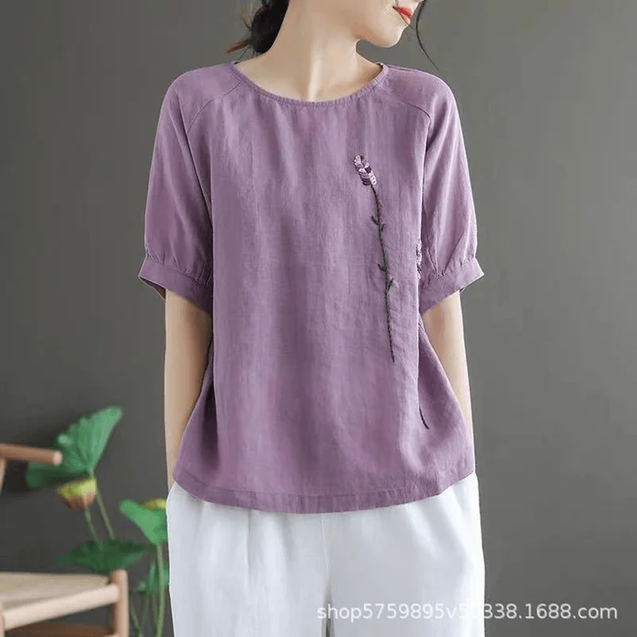 Chinese Style Flower Embroidery Short Sleeve T Shirt Tops Purple M
