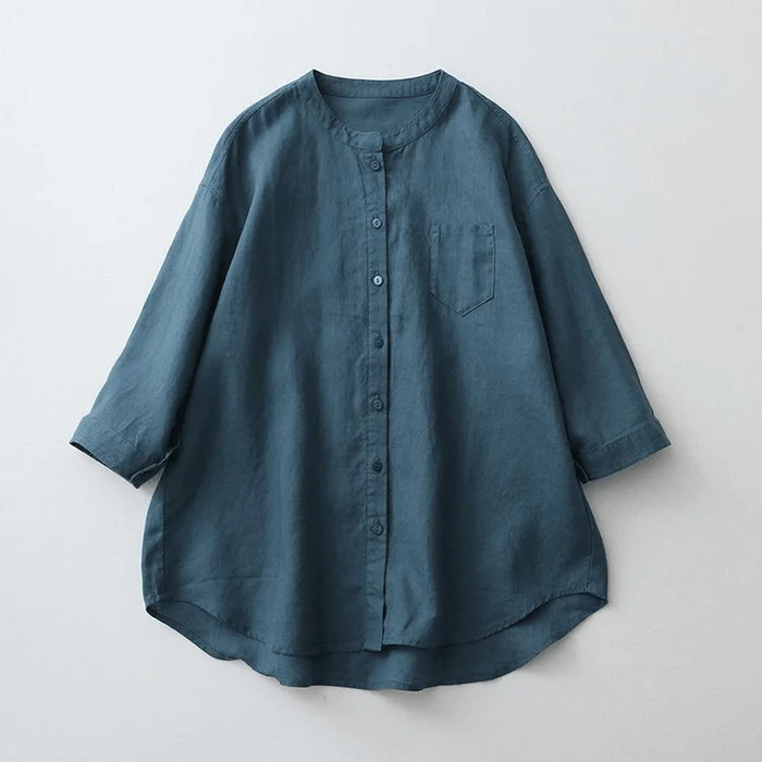 Chinese Style Women Cotton Linen Three-quarter Sleeves Loose Blouse with Pocket Dark-green M