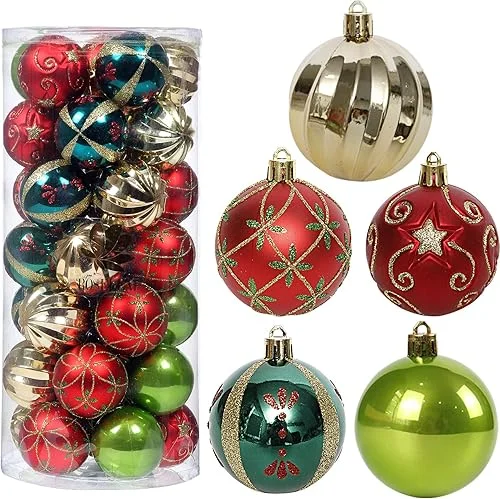 Christmas Tree Ornaments, 30ct Christmas Ball Decoration Set 2.36′ Red Green and Gold Christmas Ball Shatterproof Hanging Tree Ornament Set
