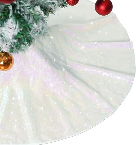 Christmas Tree Skirt 50′ Round Sparkly Iridescent Sequin Fall Large Ornaments Xmas New Years Party Decorations