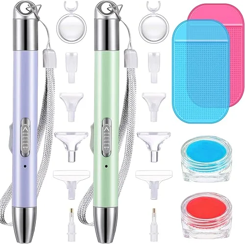 Chuangdi 2 Pieces Diamond Painting Pen with Light Drill Diamond Painting Accessories 12 Pen Heads, 2 Anti-Slip Mats, 2 Wax Organizer Cases for DIY Craft Supplies Tools(Purple, Green)