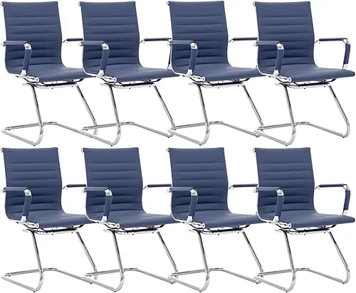 CIMOTA Waiting Room Chairs Leather Office Guest Chair Mid Back Reception Chairs with Sled Base for Meeting/Patient/Conference Room, Navy Set of 8