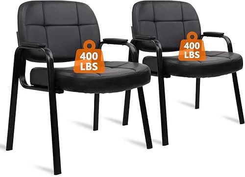 CLATINA Big & Tall 400 lbs Waiting Room Guest Chair, Leather Office Reception Chair No Wheels with Padded Arms for Elderly Home Desk Conference Room Lobby Side Salon Clinic, Black(2 Pack)