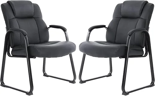 CLATINA Big Tall 500 LBS Wide Guest Chair Heavy Duty, Leather Side Reception Chairs with Sled Base and Armrest, Executive Office Desk Chair No Wheels for Meeting Conference Waiting Room Home, 2 Pack