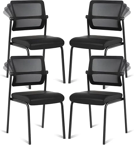 CLATINA Stackable Waiting Room Chair with Adjustable Mesh Backrest, Armless Office Guest Reception Chairs with Leather Cushion and Ergonomic Lumbar Support for Conference Lobby Side School, Black, 4PK