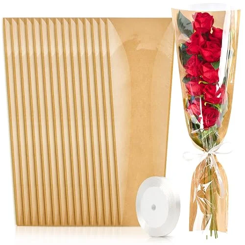 CLUEWR 50 PCS Flower Bags for Bouquets, Floral Wrapping Sleeves with Ribbons Florist Wrap Supplies, 24.8 x 8.7 Inches