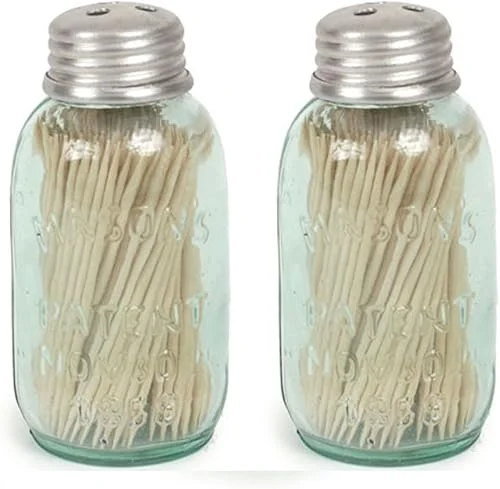 Colonial Tin Works Mason Glass Toothpick Holder, Set of Two Holders. Each holder is 2 Inches In Diameter by 3.75 Inches Tall