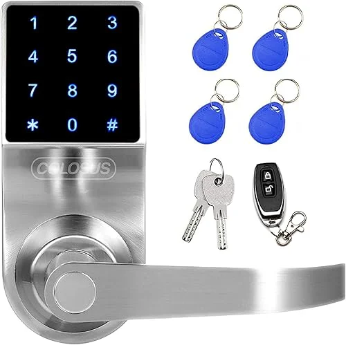 COLOSUS NDL319 Electronic Trusted Digital Keyless Door Lock for Home & Office Security, Touchscreen – 50 User Codes + 4 Key Fobs + 1 Remote + 2 Keys (Gold) …