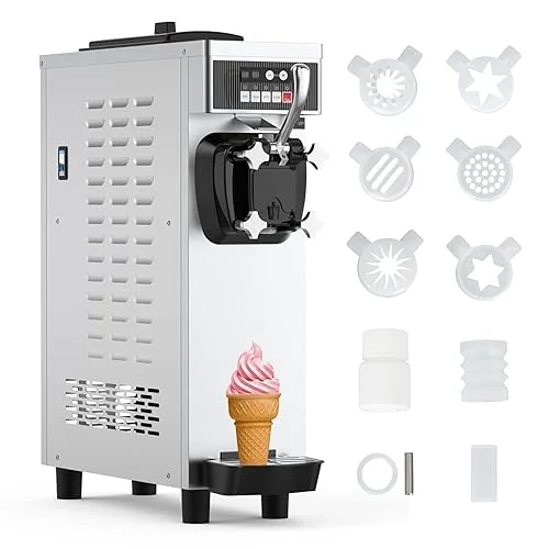 Commercial Ice Cream Machine, 4.76 to 5.8GAL/H Ice Cream Machine, with Pre-Cold Function, 1050W Single-Flavored Compressor Soft Ice Cream Machine, with 1.85 Gallon Ingredient Box