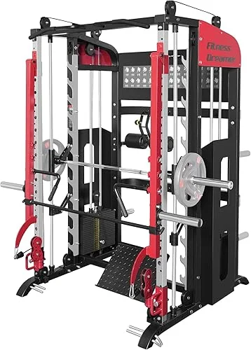 Commercial Smith Machine All-in-One Training Cage, Squat Rack, Jammer Arms, LAT Pull-Down, Leg Developer, 440 lbs Stack, Red, 77.36″ (W) x 81.88″ (L) x 87.4″ (H)
