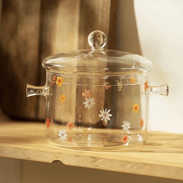 Cooking Glass Pot with Lid Flower 49.72 fl oz
