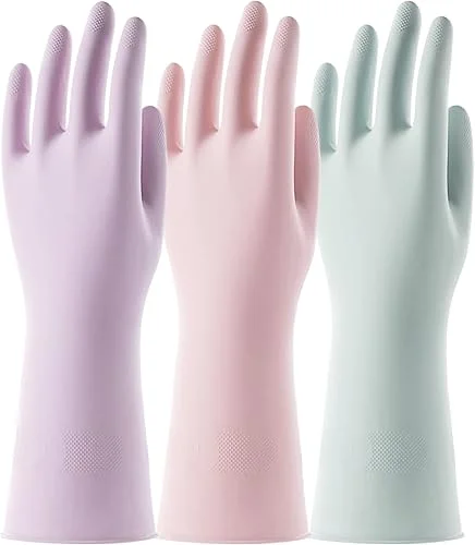 COOLJOB 3 Pairs Colorful Household Gloves with Cotton Liner & Non-slip Grip, Water Resistant Reusable Dish Washing Rubber Gloves for Kitchen & Bathroom Cleaning, Small