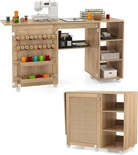 COSTWAY Rattan Sewing Machine Table, Folding Sewing Cabinet with Lockable Casters, 18 Pegs, Storage Shelves, 2 Bins, Side Cabinet, Multipurpose Sewing Desk Station for Home, Living Room, Sewing Room