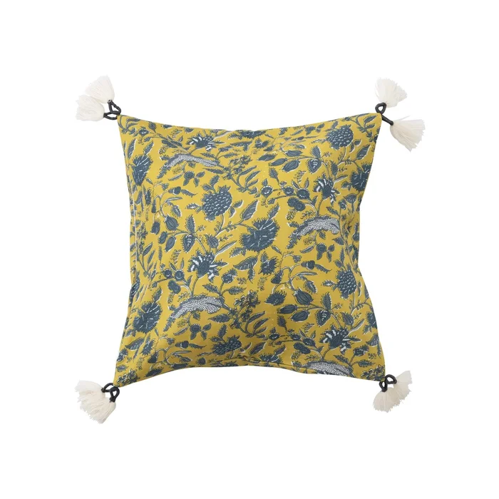 Cotton Pillow with Floral Pattern and Yarn-Wrapped Tassels