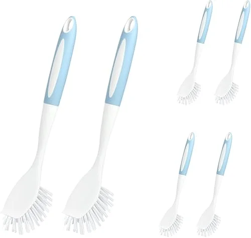 CQT Kitchen Diffusion Type Scrub Brush for Cleaning Dishes Pots Pan Sink and Bathroom with Comfortable Long Handle 6pack (Blue)