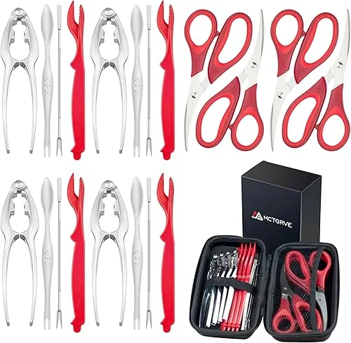Crab Crackers and Tools，21-piece Seafood Tools Set includes 4 Crab Crackers, 4 Lobster Shellers, 4 Lobster Forks/Picks, 4 Crab Forks/Spoons and 4 Seafood Scissors in 1 Storage Bag – Nut Cracker Set