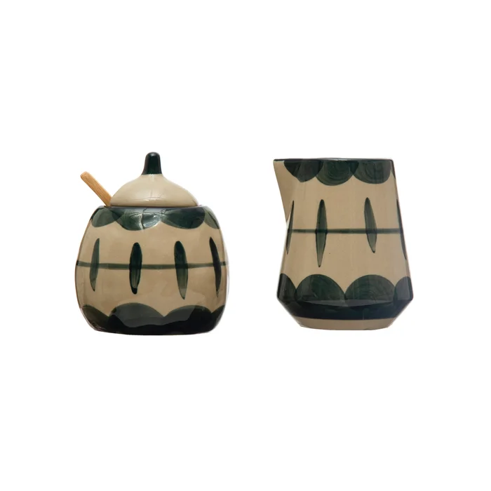 Creamer and Sugar Pot with Painted Designs and Bamboo Spoon – 7.5″L x 7.5″W x 4.5″H