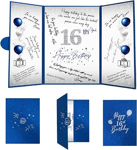 Crenics 16th Birthday Decorations for Boy or Girls, Creative 16th Birthday Guest Book Alternative, Blue and Silver 16 Birthday Signature Book 18 x 12 inch, Great Sweet 16 Birthday Gifts