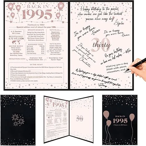 Crenics 30th Birthday Gift for Her 1995, Creative Back in 1995 Birthday Poster, 30th Birthday Guest Signature Book, Black and Pink 30 Anniversary Birthday Party Decorations for Women