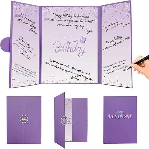 Crenics Purple Happy Birthday Decorations, Creative Birthday Guest Sign in Book Alternative, Birthday Signature Book 12′ x 18′, Great Birthday Gifts for Women or Girls