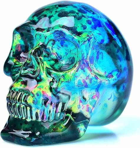 Crystal Skull Head Statue – Glass Skull Figurine, Blue, 2.8′ – Halloween Decor Gift for Women