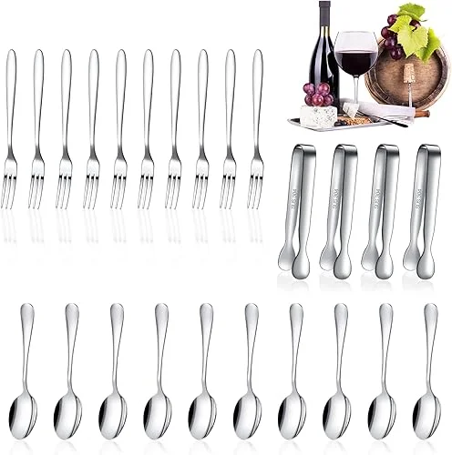 Cunhill 24 Pcs Charcuterie Accessories Mini Cocktail Tongs Small Serving Spoons and Appetizer Forks Stainless Steel Tongs Charcuterie Utensils for Valentine‘s Day Party(Silver, Vivid Sharp Spoon)